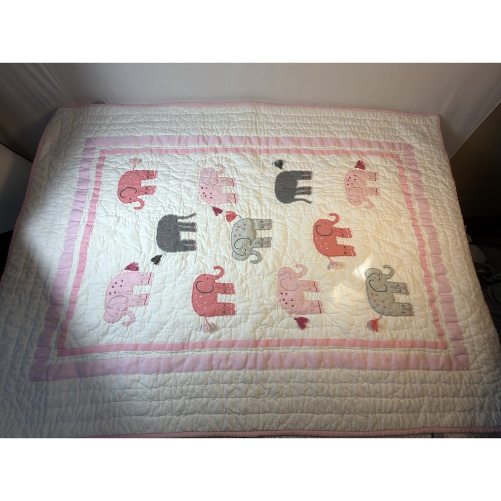 Pottery Barn Kids Elephant Crib Quilt 36x50 Organic Cotton Pink Gray Applique
